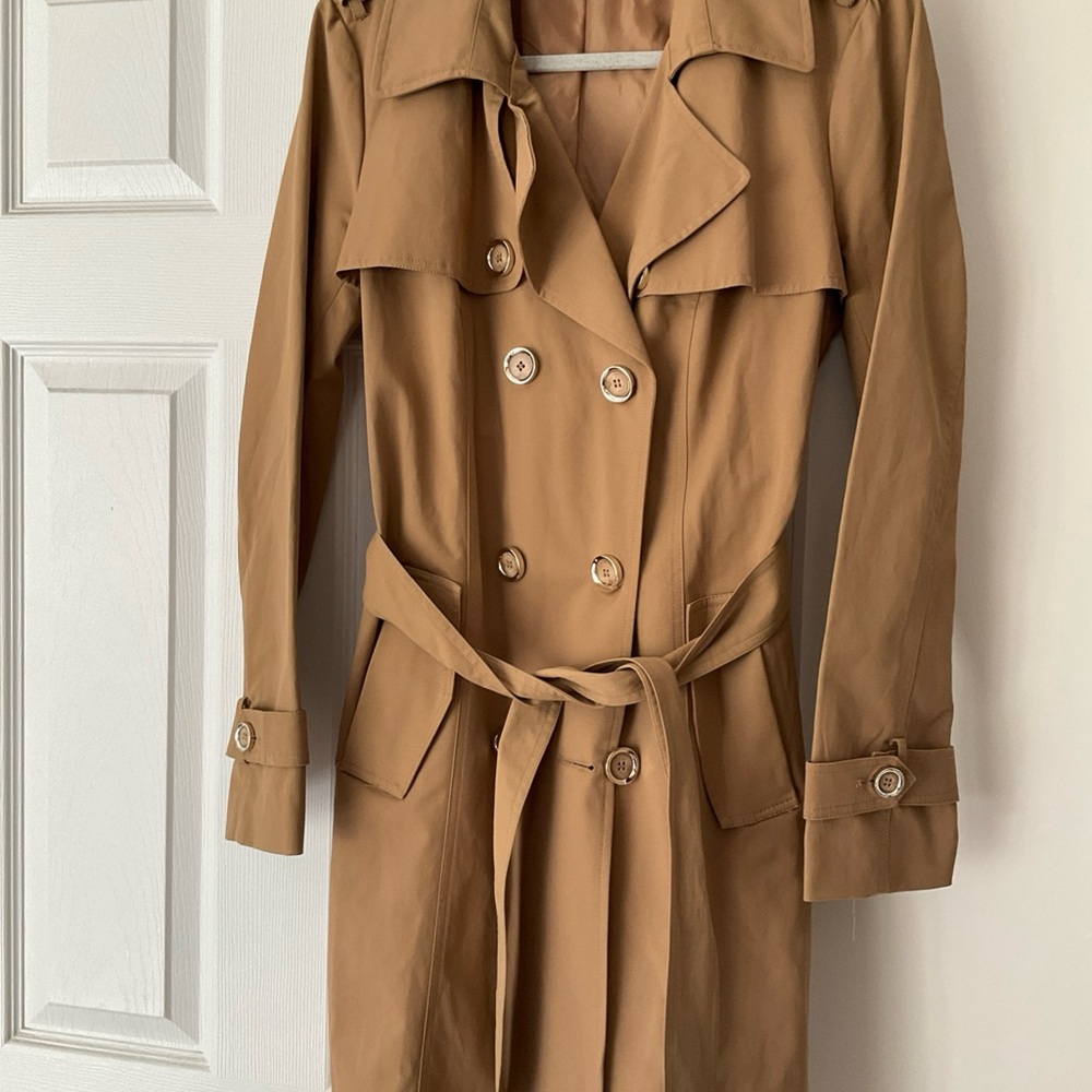 New York & Company Camel Double-Breasted Trench Coat
